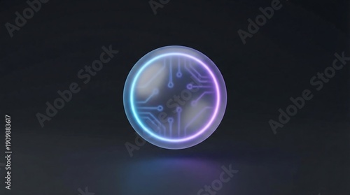 Glowing circuit board sphere with neon light effect on dark background technology