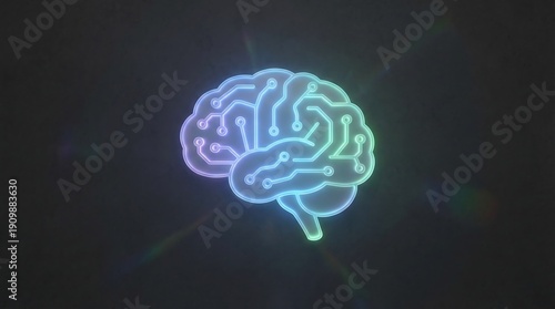 Glowing neon brain with circuit board patterns on a dark background technology
