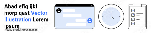 Productivity tools, communication, time tracking, task management, efficiency, planning. Messaging interface, analog clock and checklist icons. Communication and productivity tools concept