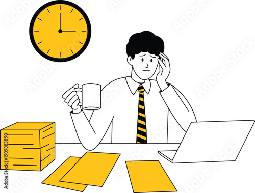 Tired Businessman Drinking Coffee While Working on Tight Deadline Vector Illustration