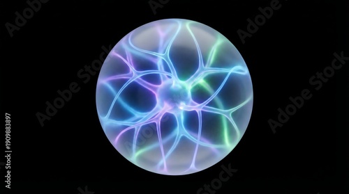Colorful glowing orb with neon multicolored lines on black background sphere plasma