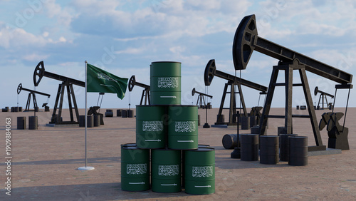 Photography Saudi Arabian Oil Industry Concept with Pumpjacks, National Flag, and Stacked Cr