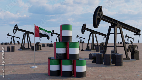 Fotografie United Arab Emirates Oil Industry Concept with Pumpjacks National Flag and Stack