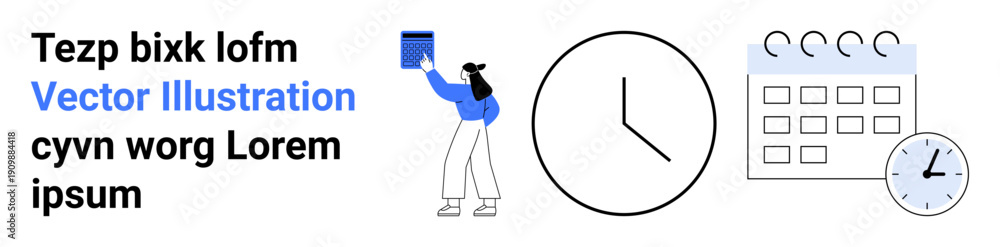Fototapeta premium Scheduling, organization, deadline management, productivity, workflow planning, time awareness. Clock, calendar and a person holding a book. Scheduling and deadline management concept