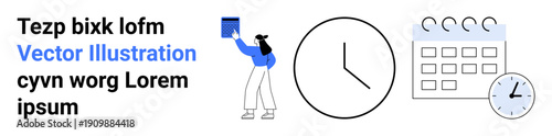 Scheduling, organization, deadline management, productivity, workflow planning, time awareness. Clock, calendar and a person holding a book. Scheduling and deadline management concept