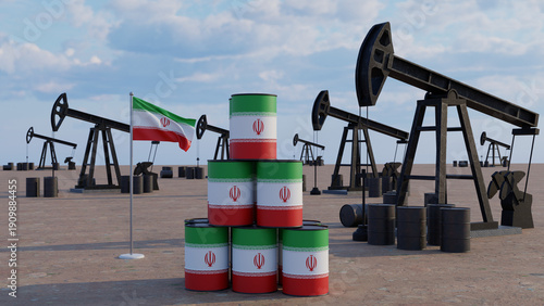 Bilde på lerret Iranian Oil Industry Concept with Pumpjacks, National Flag of Iran, and Stacked