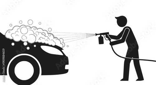 Worker spraying active foam on a car silhouette: Design for car wash signage, auto detailing services, or maintenance service flyers. Transparent background SVG version.