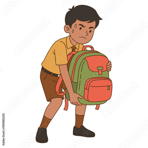Indian School Boy Struggling with Heavy Backpack Vector. Flat Design Illustration of Tired Male Student Carrying Large School Bag for Education Burden Concept.
