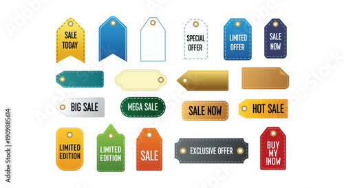 Collection of various sale and special offer tags and labels, pricing elements