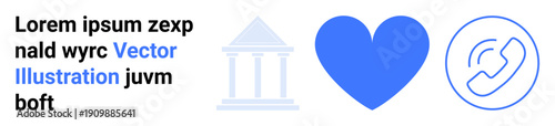 Financial services, customer support, philanthropy, communication, digital platforms, connection. Bank building, heart and phone icons in blue. Financial services and customer support concepts