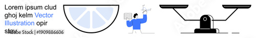 Business management, decision-making, data analysis, equity, professional services, strategy. A person analyzes data with a balance scale and pie chart. Business management and decision-making theme