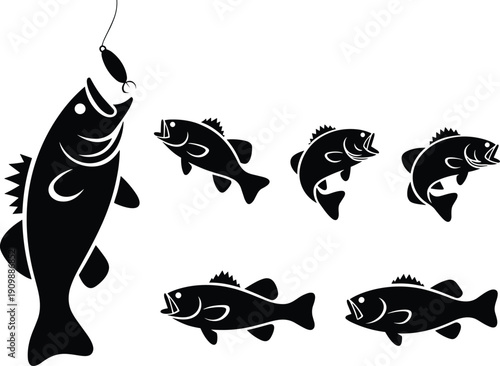 Black and White Silhouette Set of Largemouth Bass Fish Jumping and Swimming with Fishing Lure on White Background