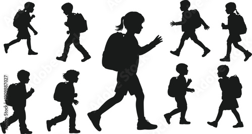 Black and White Silhouette Set of School Children Walking with Backpacks Isolated on White Background