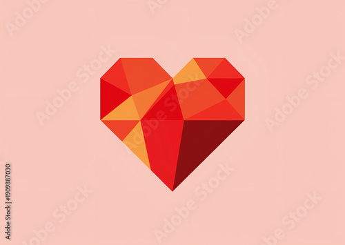 Geometric heart shape in red and orange on pink with copy space