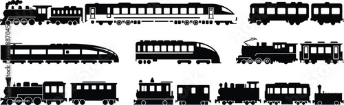 Black and White Silhouette Set of Steam Locomotives and Modern High Speed Bullet Trains Isolated on White Background