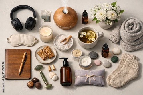 Home wellness essentials featuring natural herbs, soothing aroma oils, cozy textures, relaxation items, and warm tea infusions promoting a sense of tranquility and mindfulness
