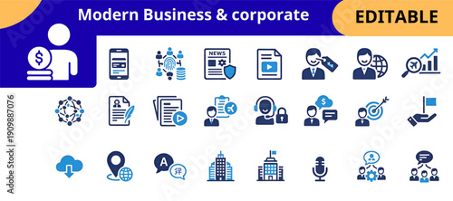 Corporate Finance And Management Icon Collection. Professional Editable Business Symbols For Digital And Print Projects. Money, smartphone, fingerprint, news, document, support, growth, target