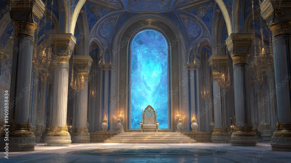 Fototapeta premium Majestic blue and gold fantasy castle interior with ornate throne and grand archway