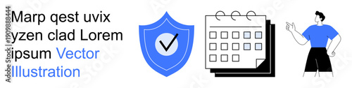 Data security, online privacy, task management, organization, planning, cyber protection. Blue shield with a check mark, calendar and a person. Data security and task management concepts