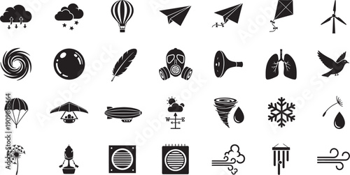 Collection of 25 black silhouette icons isolated on transparent background