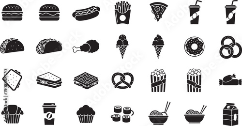 Collection of fast food icons isolated on transparent background
