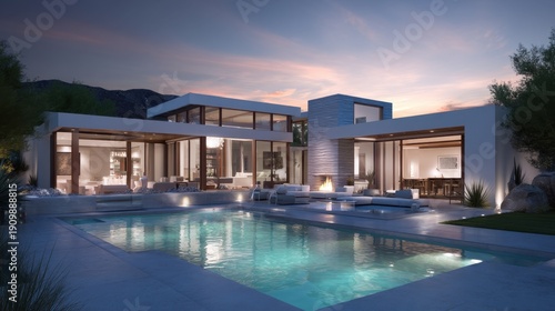 Wallpaper Mural Modern luxury home with pool at sunset Torontodigital.ca