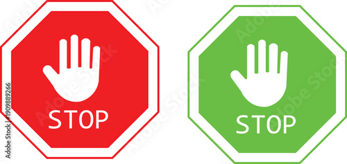 Stop Signs With Hand Icon In Red And Green Color Variations
