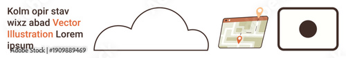 Cloud storage, navigation apps, location tracking, minimalistic icons, technology interface, symbolic visuals. Cloud shape, map with location pin circular icon. Cloud storage and navigation apps