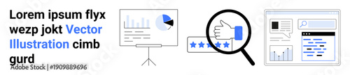 Data analysis, user feedback, market research, business insights, online reviews, teamwork. Presentation screen, magnifying glass on thumbs-up search interface. Data analysis and user feedback