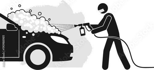 Worker spraying active foam on a car silhouette: Design for car wash signage, auto detailing services, or maintenance service flyers. Transparent background EPS version.