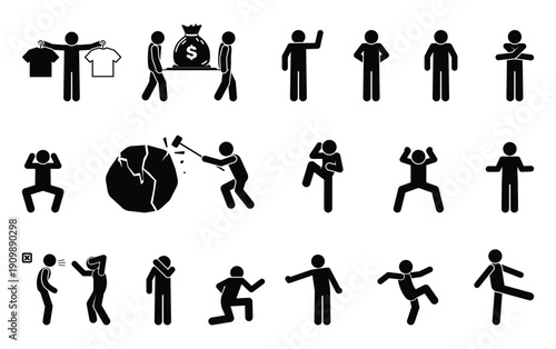 Set people icon, action pictogram black, stick figure human silhouettes, various man postures and movements, vector symbols