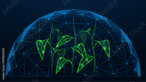 The digital greenhouse of the future. Green plants inside a hemisphere of connected lines and nodes. The dome symbolizes the technological ecosystem and climate control.