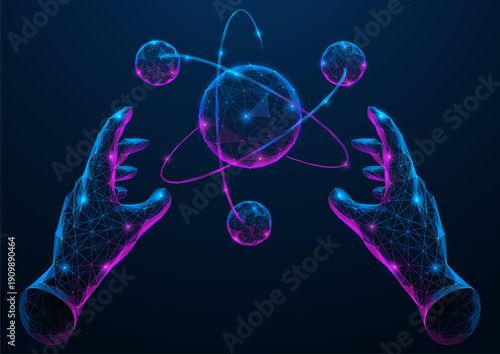 Simulation of an elementary particle. Virtual hands interact with an atom in a digital space. The concept of modeling the microcosm using augmented reality and artificial intelligence.