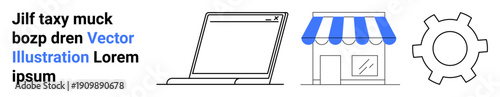 Laptop, gear, storefront with blue-striped awning symbolize collaboration, e-commerce, system settings, and business growth. Ideal for apps, marketing, technology retail startup workflow simple