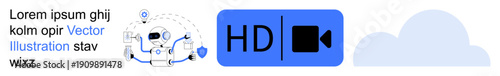 Artificial intelligence, cloud storage, video streaming, automation, digital tools, media services. AI robot graphic, HD video icon and a cloud symbol . AI technology and cloud storage features