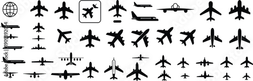 Airplane and aircraft icon set with silhouette and outline styles, commercial jet symbols for aviation, travel, logistics, and transportation design projects