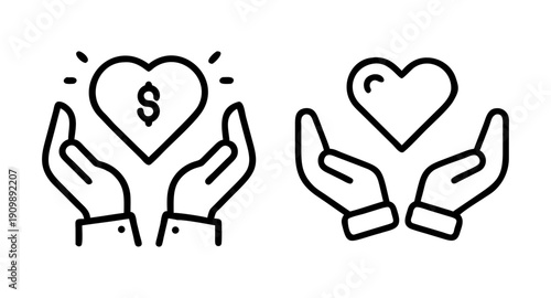 Charity donation and support concept: hands holding heart and money outline vector icon