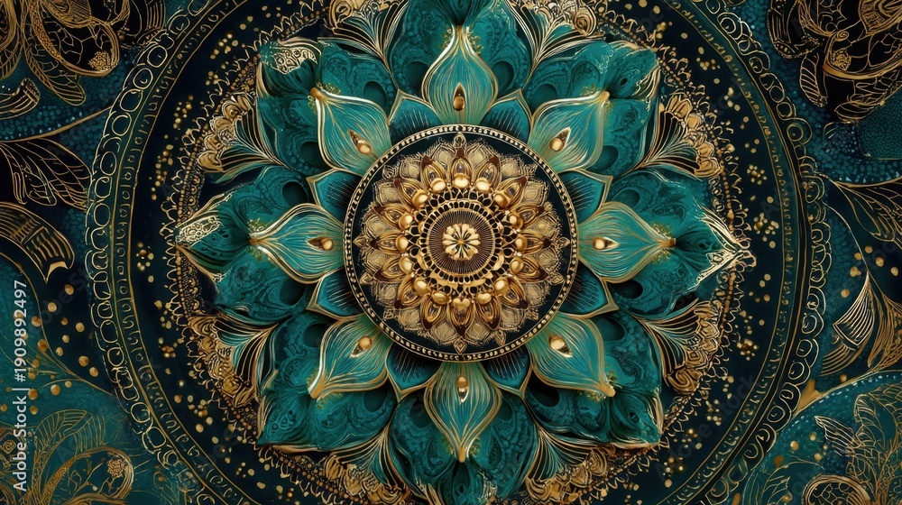 Fototapeta premium Intricate gold and teal mandala art with floral patterns