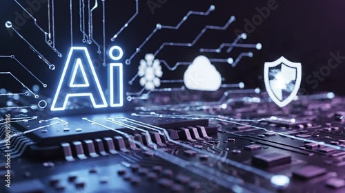 Glowing ai agent emblem surrounded by digital networks and swirling blue energy
