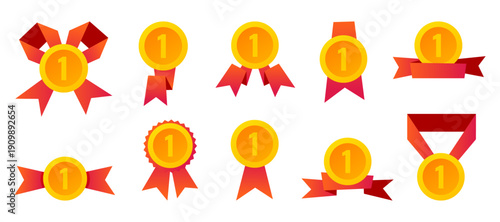 A set of various vector gold medals with red ribbons. Sports and gaming awards, first place medal. Simple medal icons in flat style.