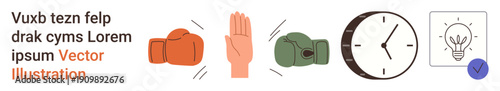Time management, boxing training, productivity, innovation concepts, conflict resolution, sports . Boxing gloves, raised hand gesture clock lightbulb and checkmark icon. Time management and boxing