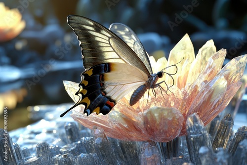 Butterfly resting on a delicate flower in a serene landscape during golden hour