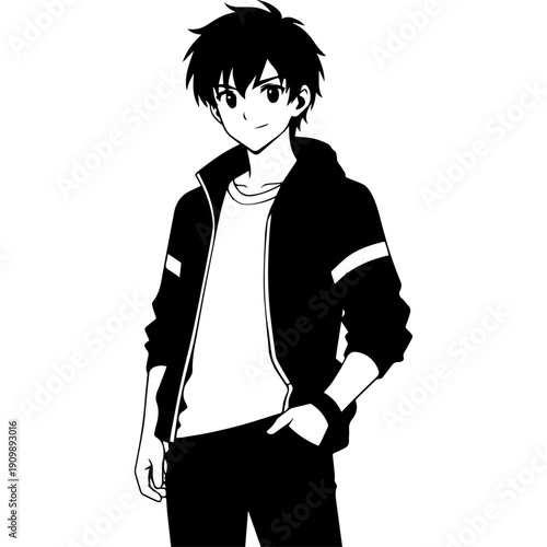 A young anime boy in a black jacket and white shirt