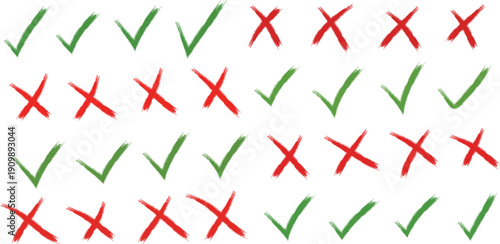 Green checkmarks and red x silhouettes on white background silhouette