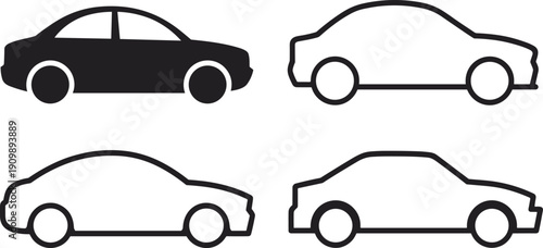 Car icon set with solid and outline vehicle silhouettes, minimalist automobile symbols for transport, automotive branding, apps, and graphic design projects