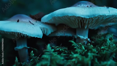 Glowing White Forest Mushroom Growing on Mossy Ground in Dark Woods