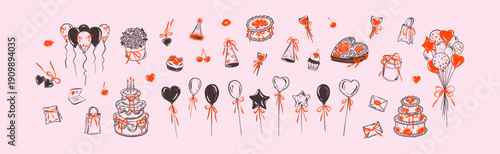 Set of vintage victorian whimsical happy birthday elements in coquette style. Doodle drawing. French, Italian, Parisian romantic girly feminine bachelorette la dolce vita party. Crayon pink background