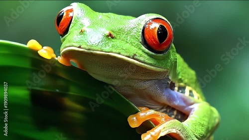 Red Eyed Tree Frog Perched on Green Leaf in Tropical Rainforest