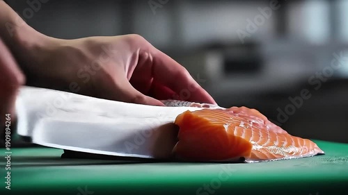 Chef Slicing Raw Fresh Salmon Fish with Sharp Knife for Sushi