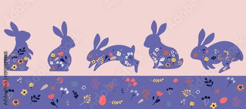 Folk-style easter banner with Bunnies surrounded by flowers Vector illustration folk art Valentine's poster